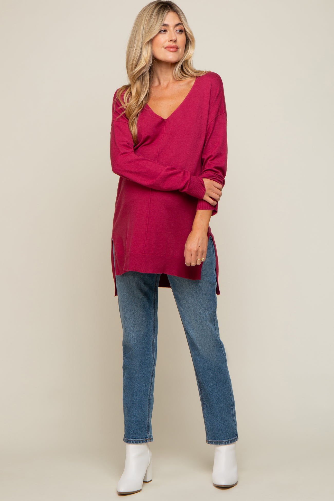 Magenta Oversized Knit Side Slit Maternity Top