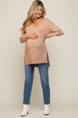 Taupe Oversized Knit Side Slit Maternity Top