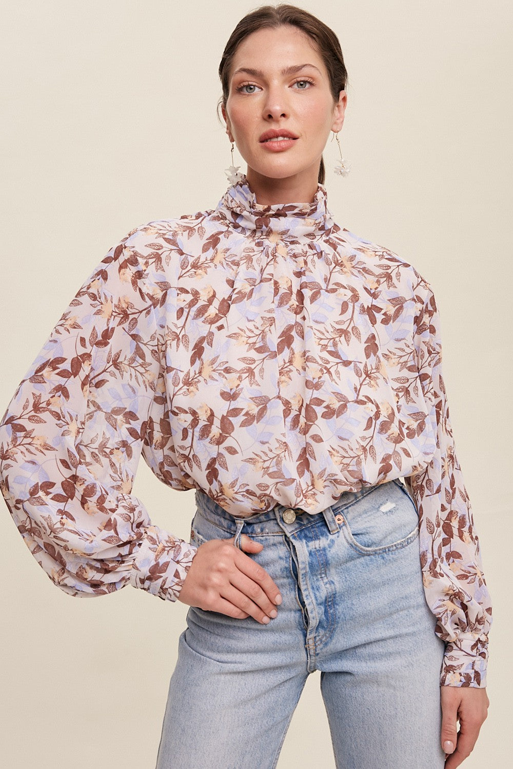 Brown Leaf Print Mock Neck Long Sleeve Maternity Blouse