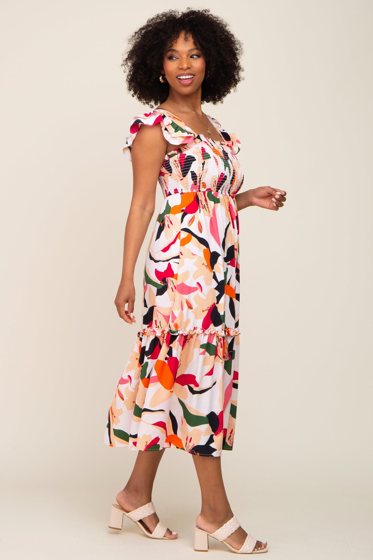 Ivory Floral Smocked Ruffle Tier Midi Dress