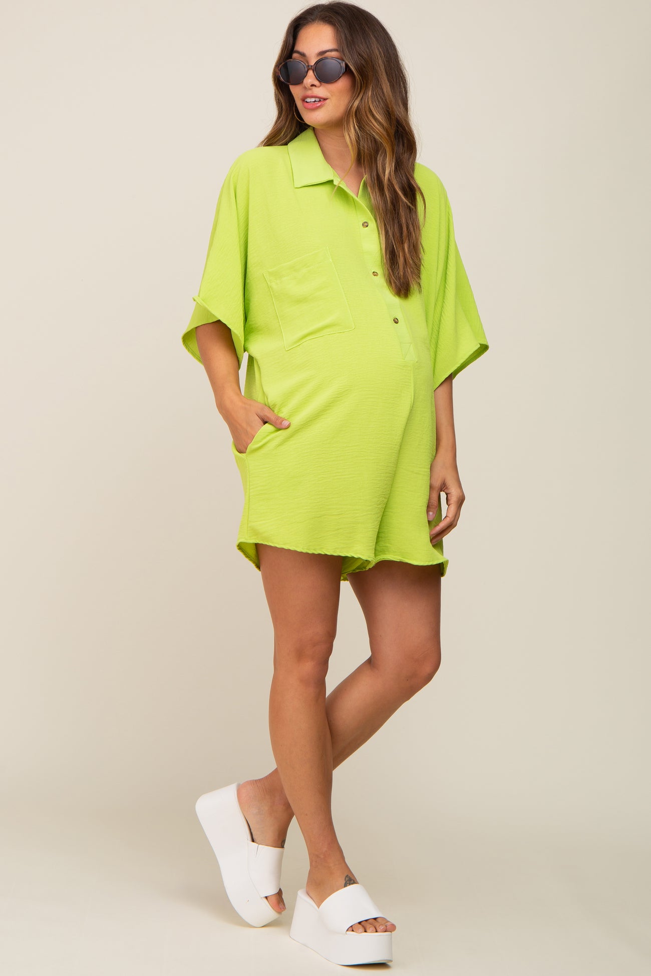 Lime Collared Front Button Maternity Romper