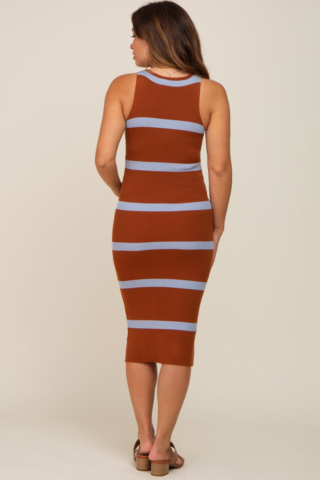 Brown Blue Striped Sleeveless Sweater Maternity Midi Dress