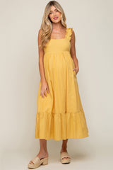 Yellow Ruffle Accent Back Tie Maternity Midi Dress