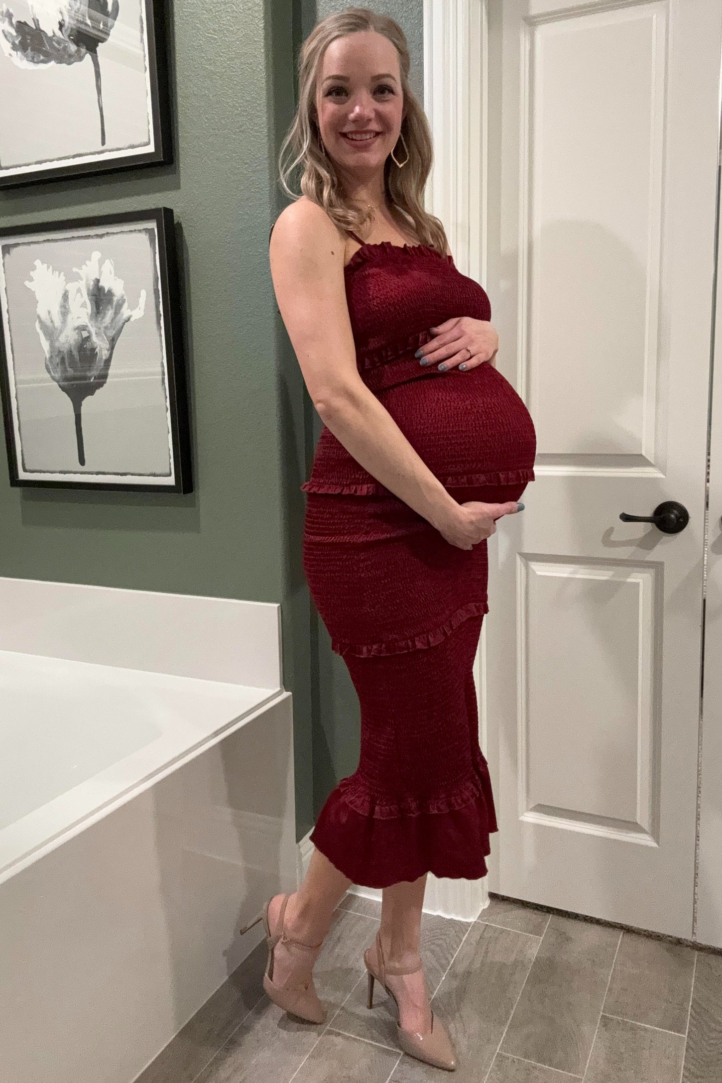 Burgundy Satin Smocked Fitted Maternity Midi Dress