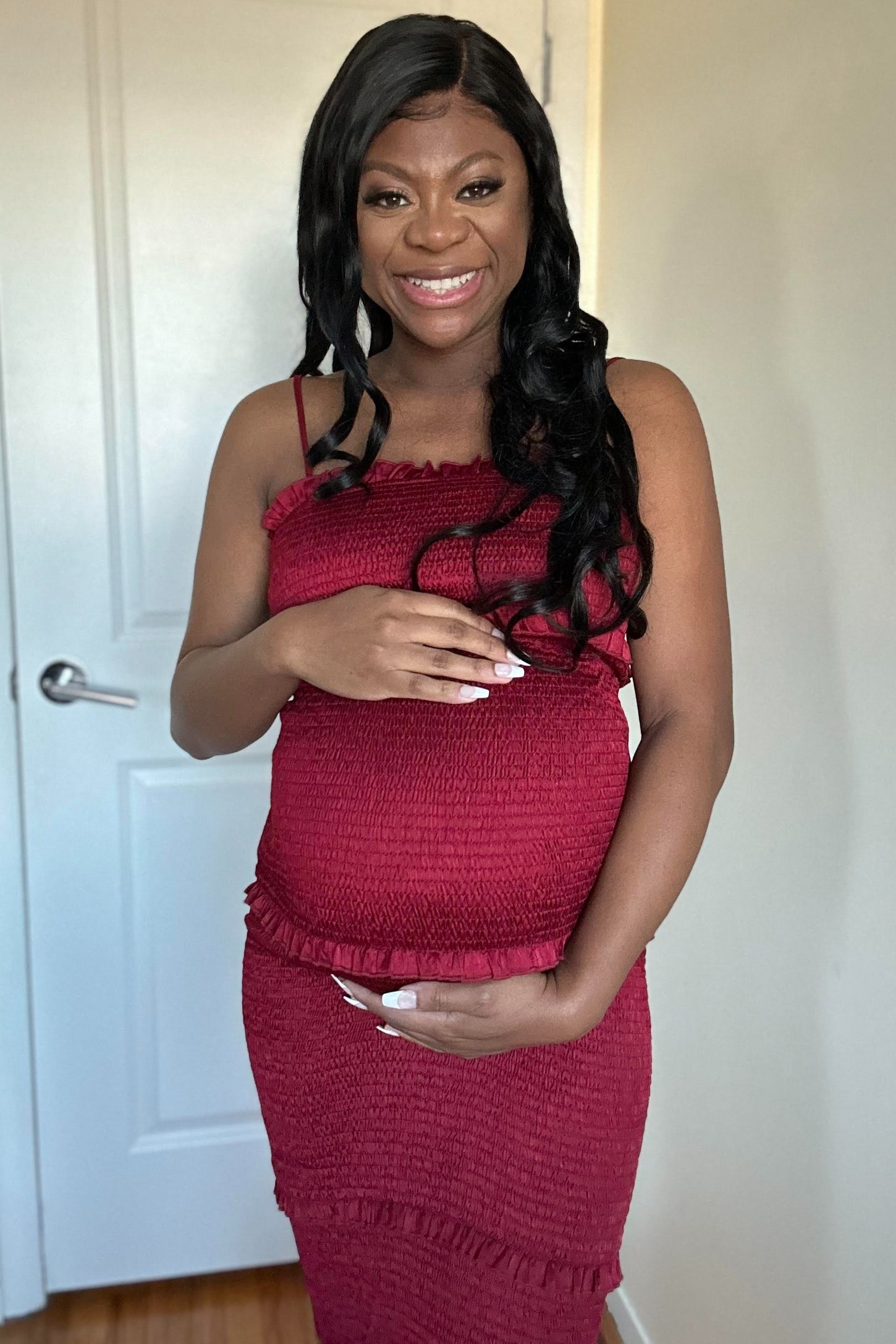 Burgundy Satin Smocked Fitted Maternity Midi Dress