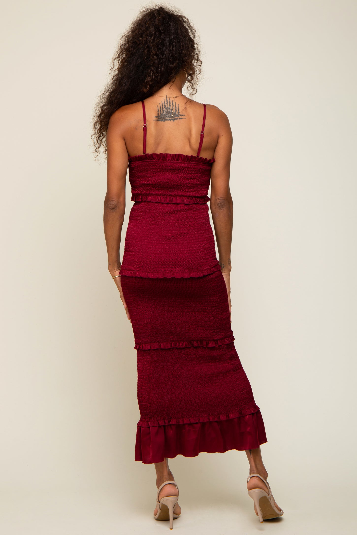 Burgundy Satin Smocked Fitted Midi Dress