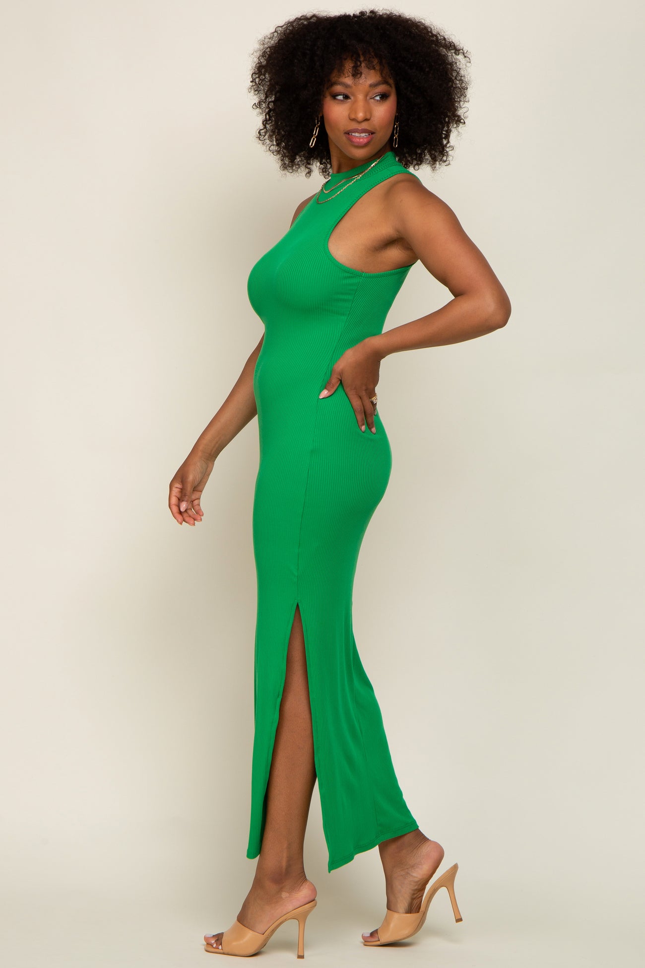 Green Ribbed Side Slit Maxi Dress