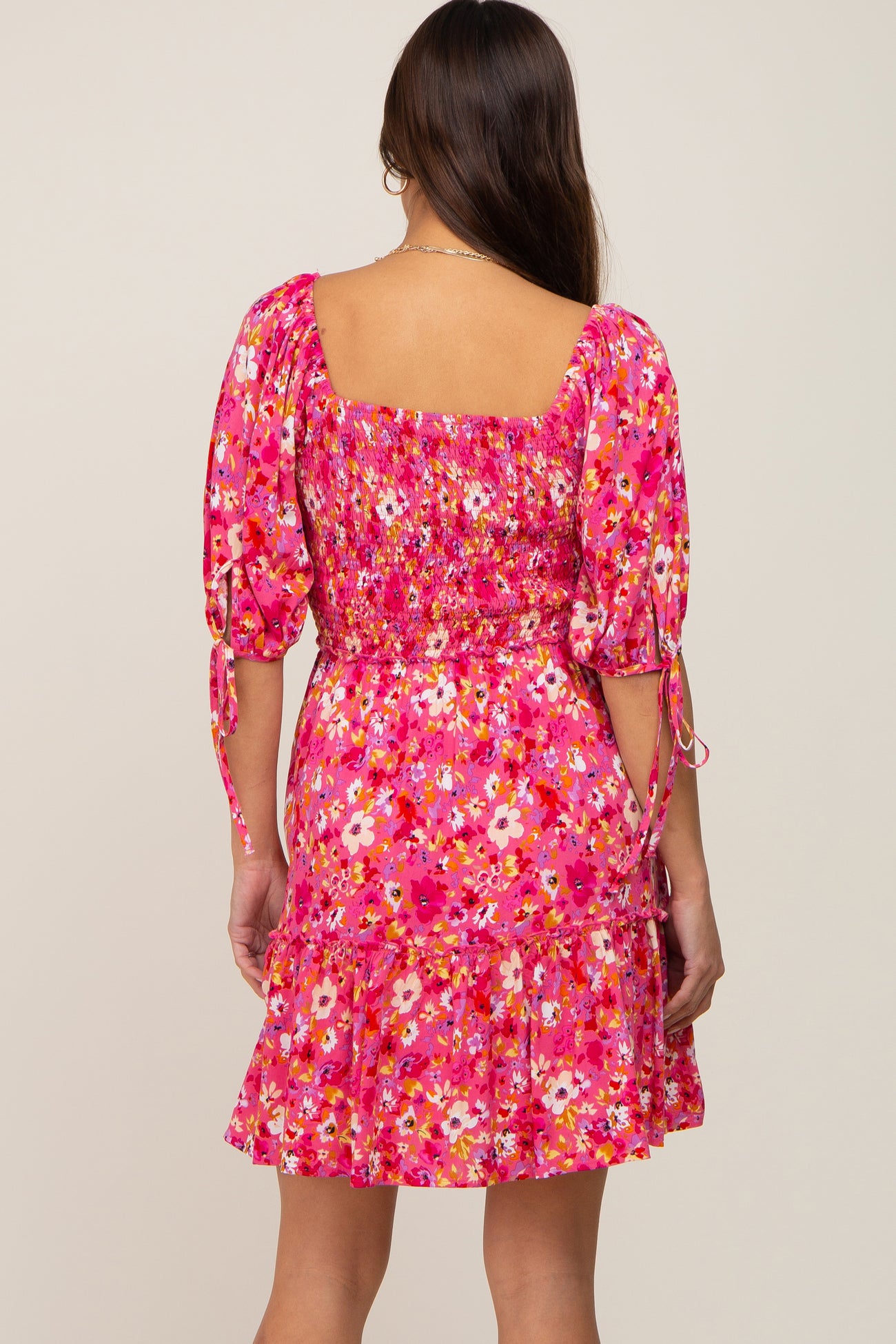 Fuchsia Floral Smocked Square Neck Ruffle Maternity Dress