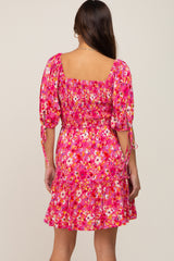 Fuchsia Floral Smocked Square Neck Ruffle Maternity Dress