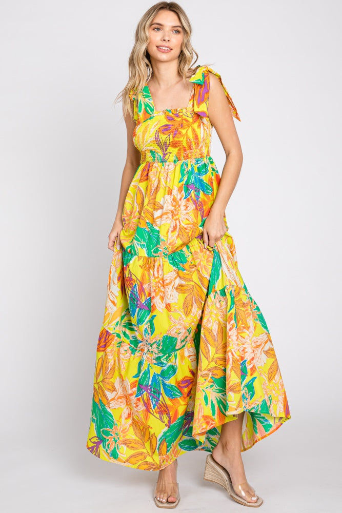 Yellow Tropical Print Smocked Tie Sleeve Maternity Maxi Dress