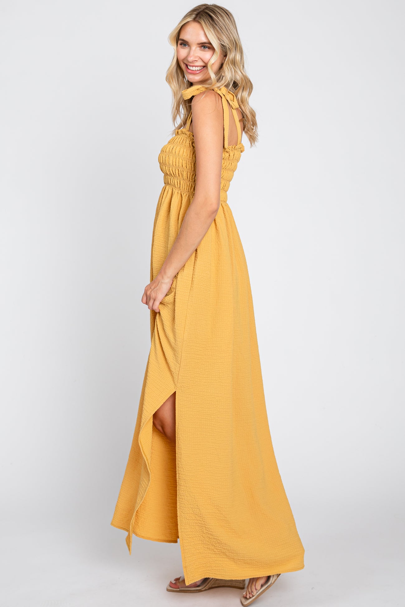 Yellow Textured Smocked Shoulder Tie Maxi Dress