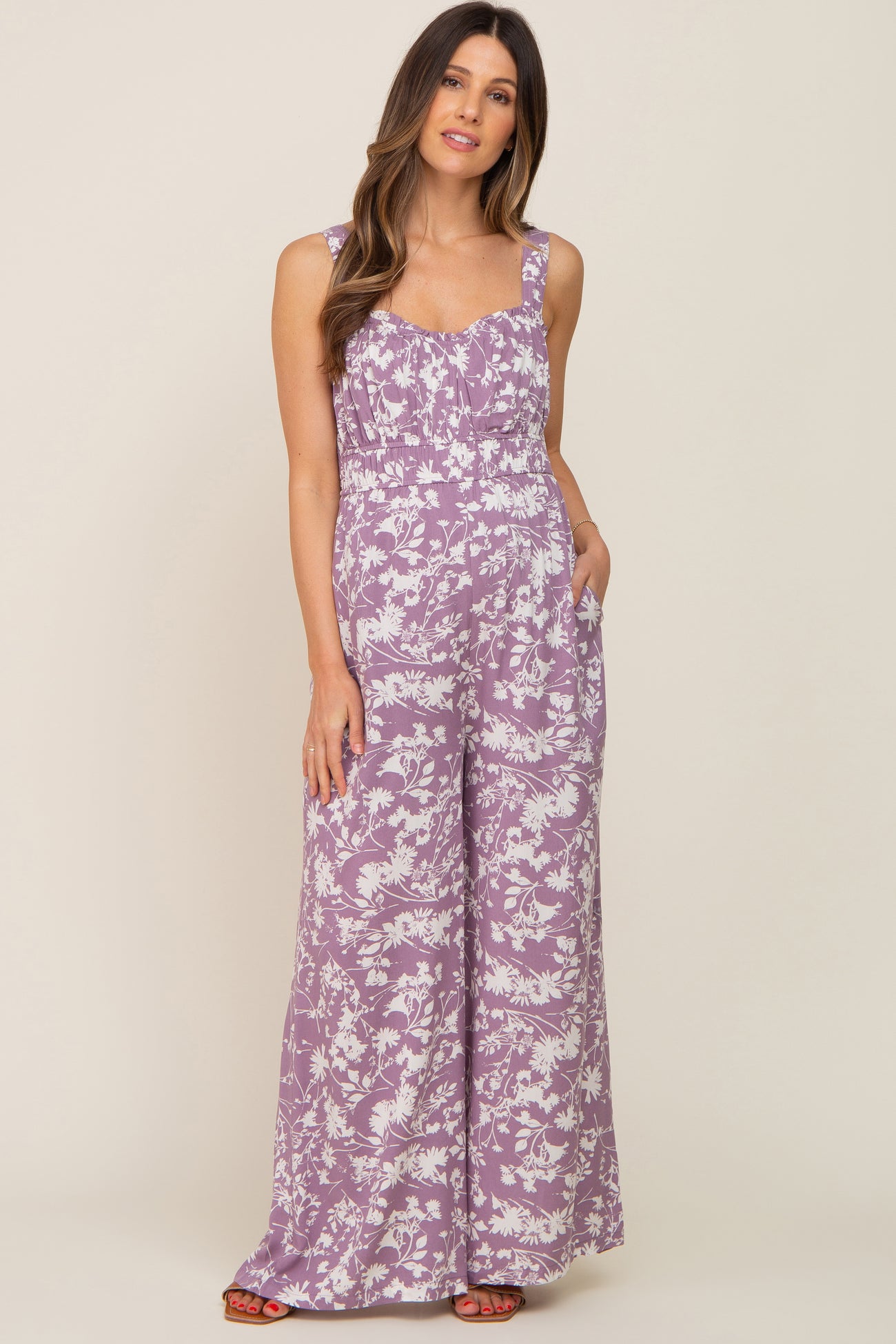 Lavender Floral Sweetheart Neck Maternity Jumpsuit