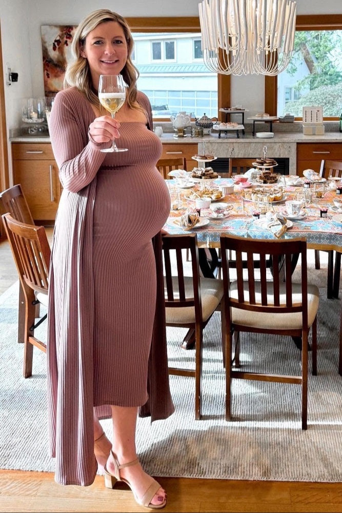 Mocha Ribbed Sleeveless Dress Cardigan Maternity Set