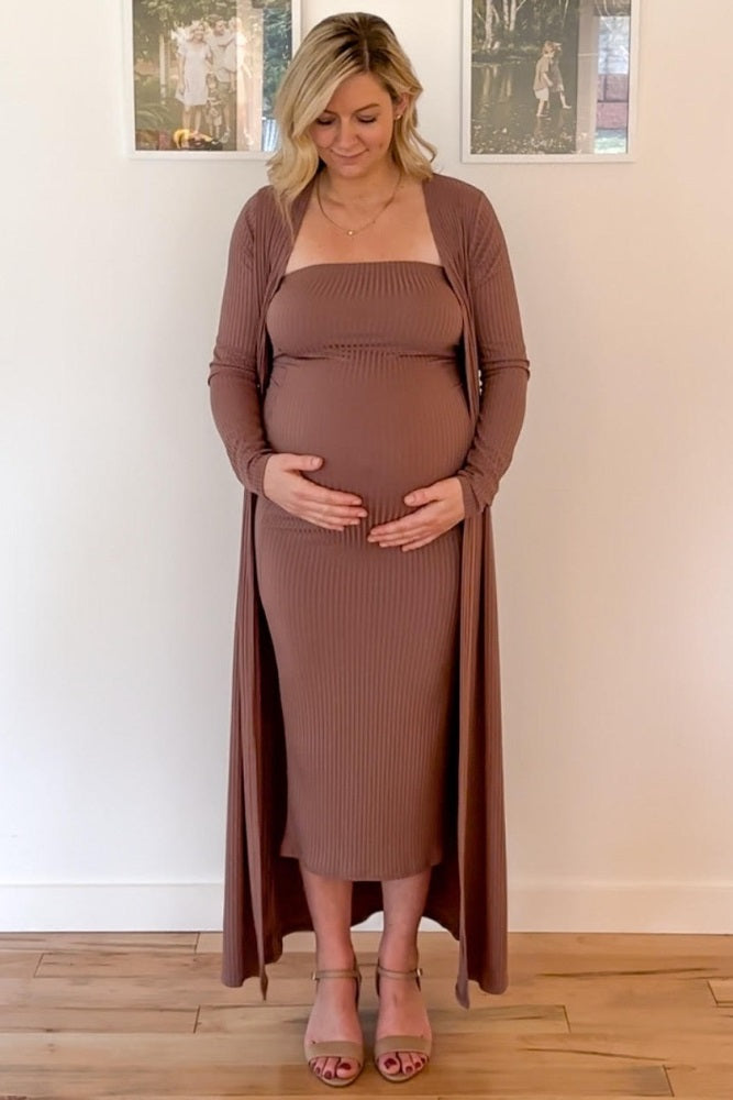 Mocha Ribbed Sleeveless Dress Cardigan Maternity Set