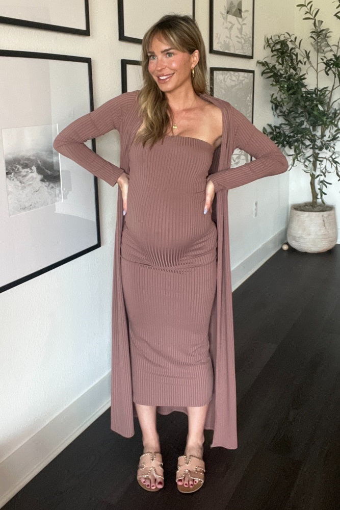 Mocha Ribbed Sleeveless Dress Cardigan Maternity Set