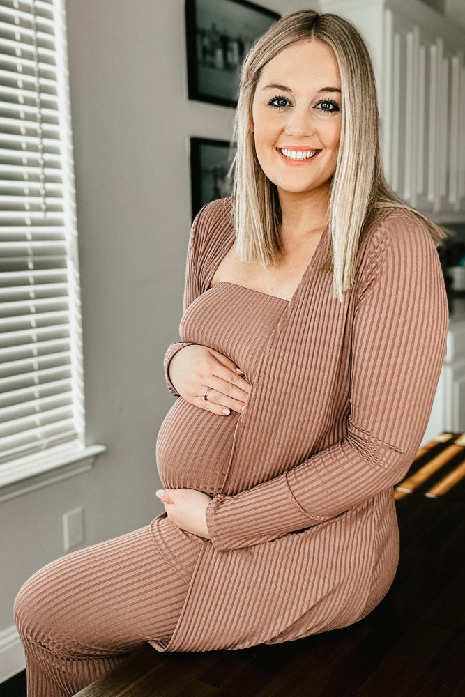 Mocha Ribbed Sleeveless Dress Cardigan Maternity Set