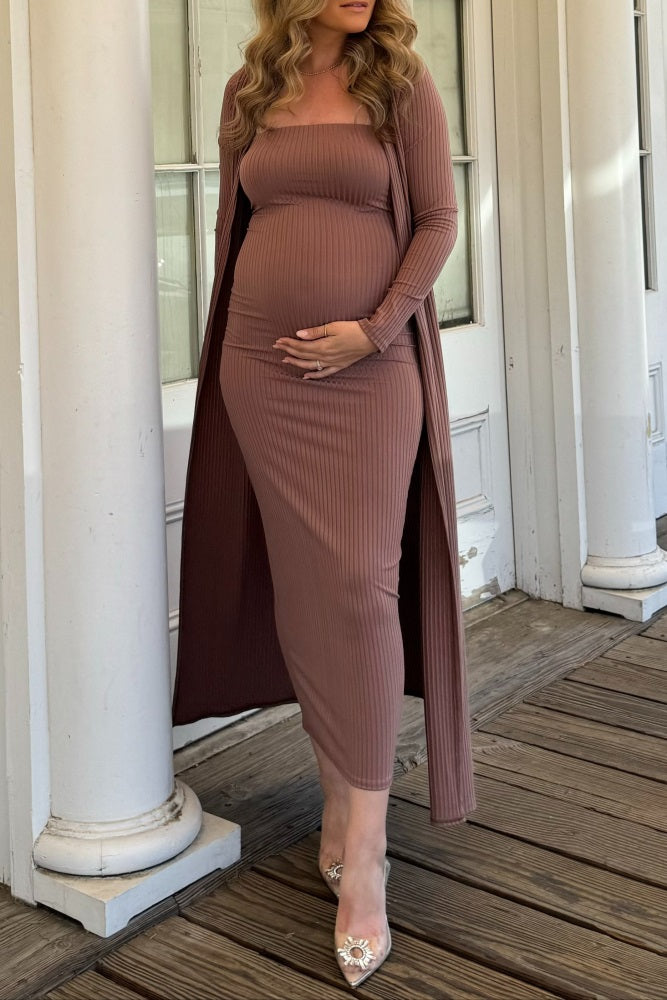 Mocha Ribbed Sleeveless Dress Cardigan Maternity Set
