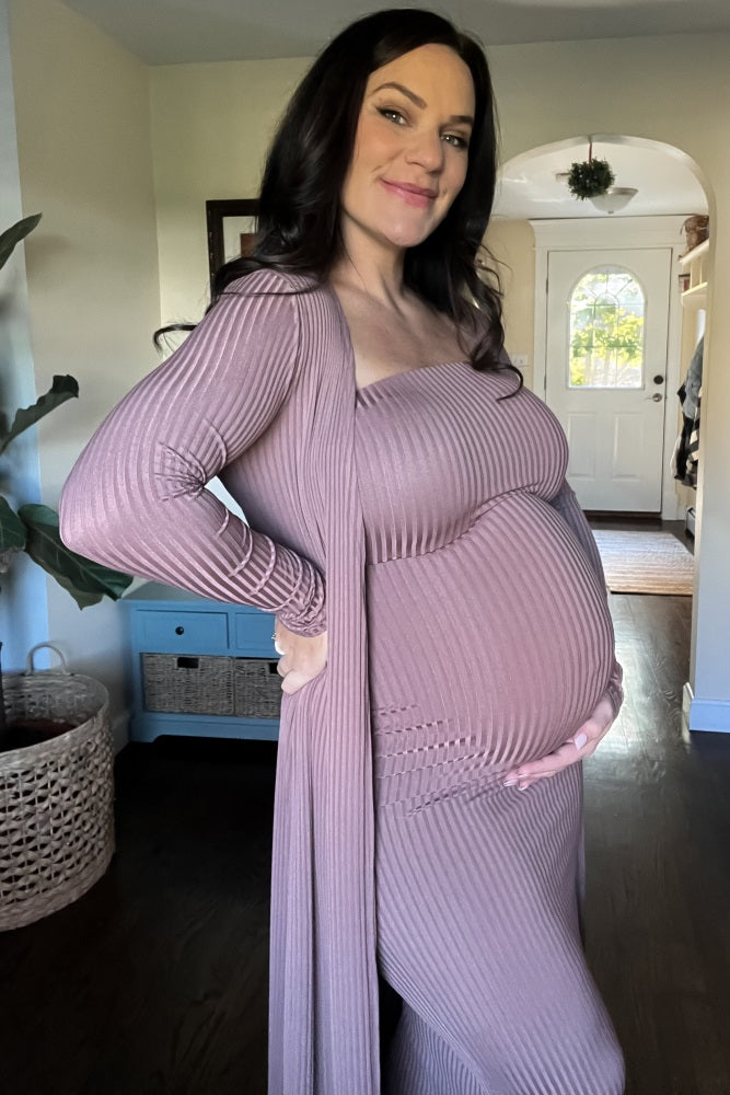 Mocha Ribbed Sleeveless Dress Cardigan Maternity Set