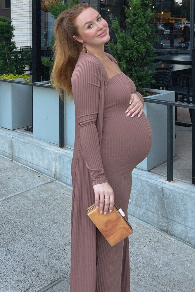 Mocha Ribbed Sleeveless Dress Cardigan Maternity Set