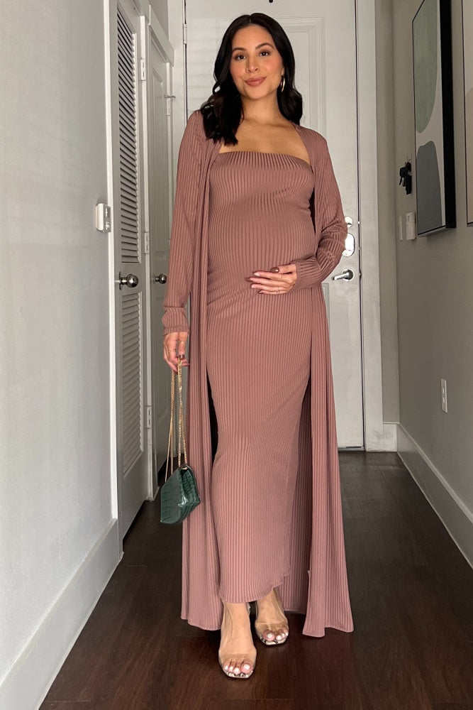 Mocha Ribbed Sleeveless Dress Cardigan Maternity Set