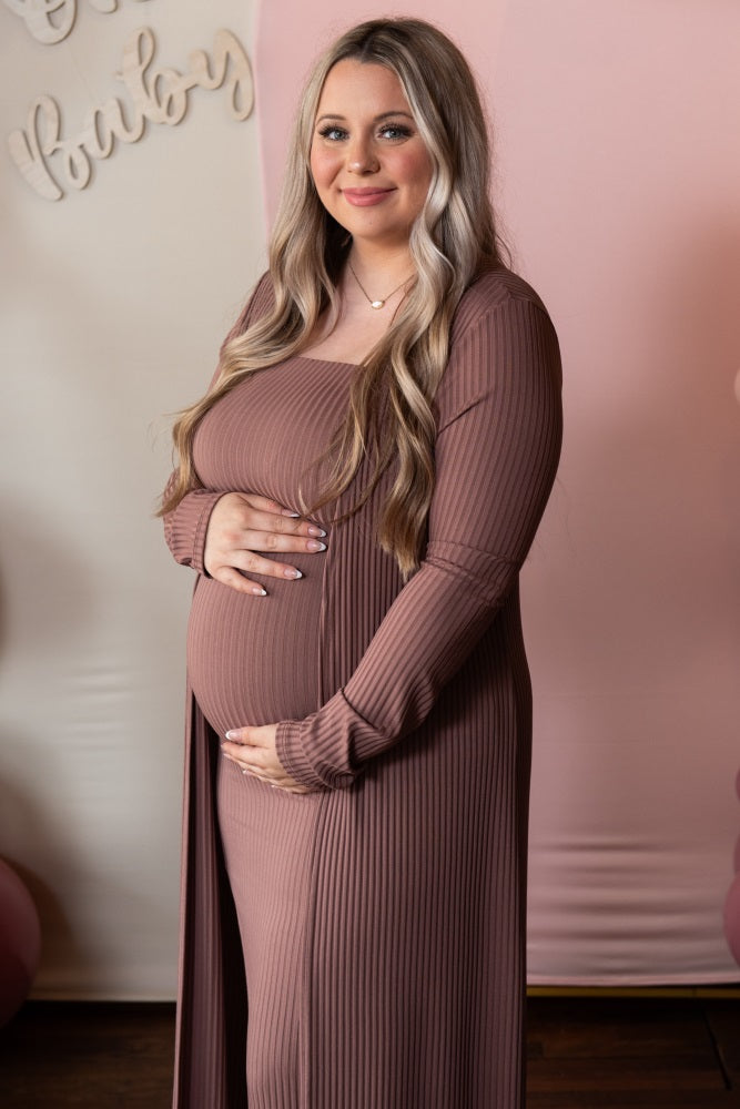 Mocha Ribbed Sleeveless Dress Cardigan Maternity Set