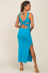 Turquoise Knit Square Neck Cutout Knot Back Maternity Midi Dress
