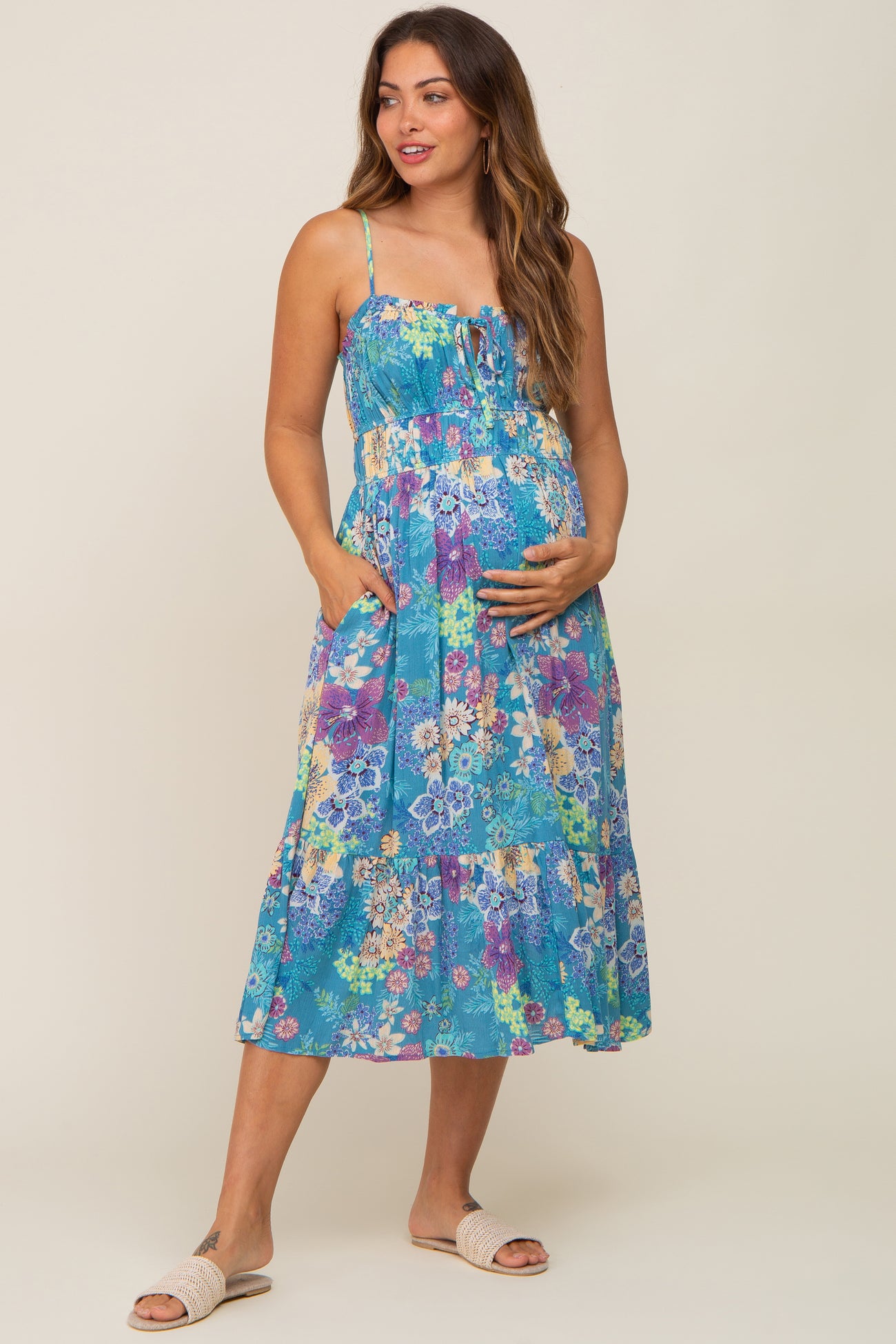 Teal Floral Shirred Maternity Midi Dress