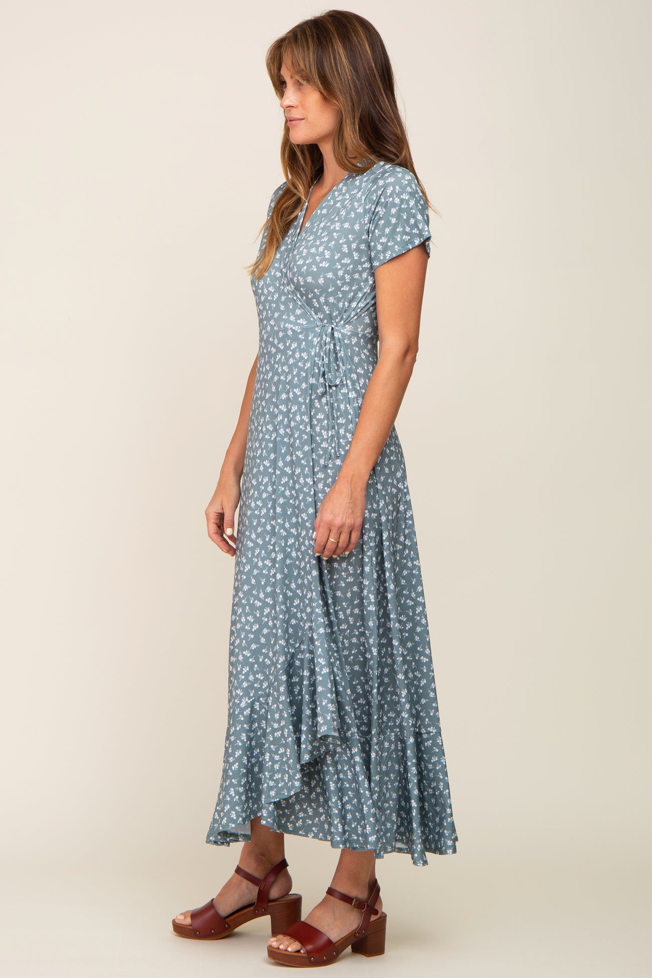 Light Olive Floral Wrap Front V-Neck Short Sleeve Midi Dress
