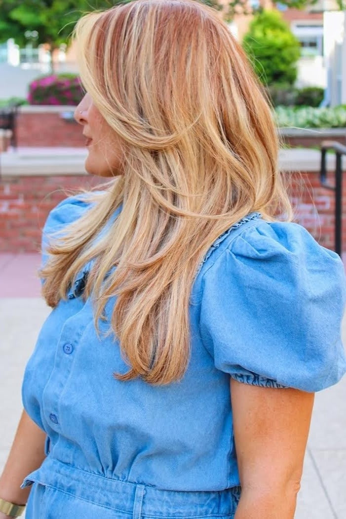 Light Denim Romper With Puff Sleeves