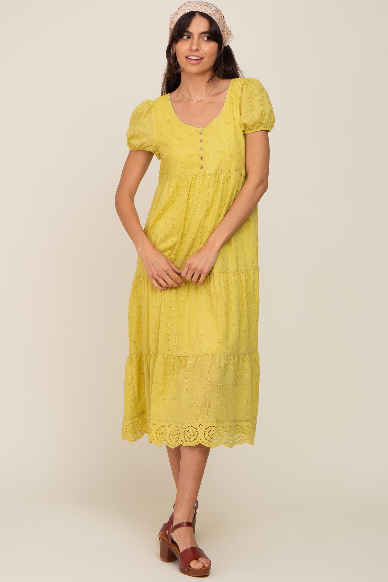 Lime Eyelet Button Front Tiered Scalloped Hem Midi Dress