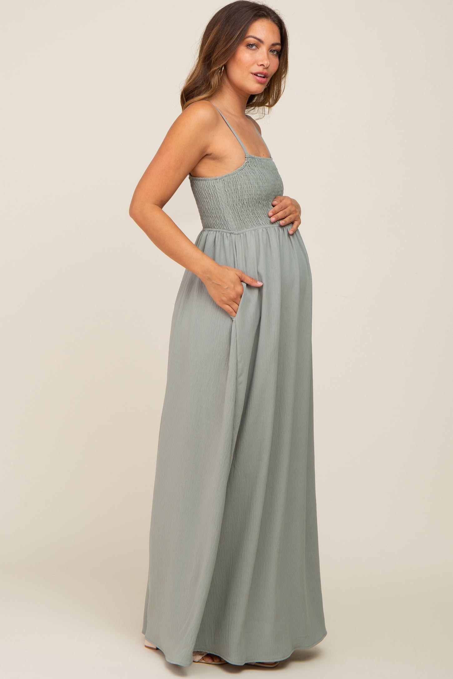 Light Olive Smocked Sleeveless Maternity Maxi Dress