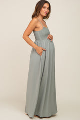 Light Olive Smocked Sleeveless Maternity Maxi Dress