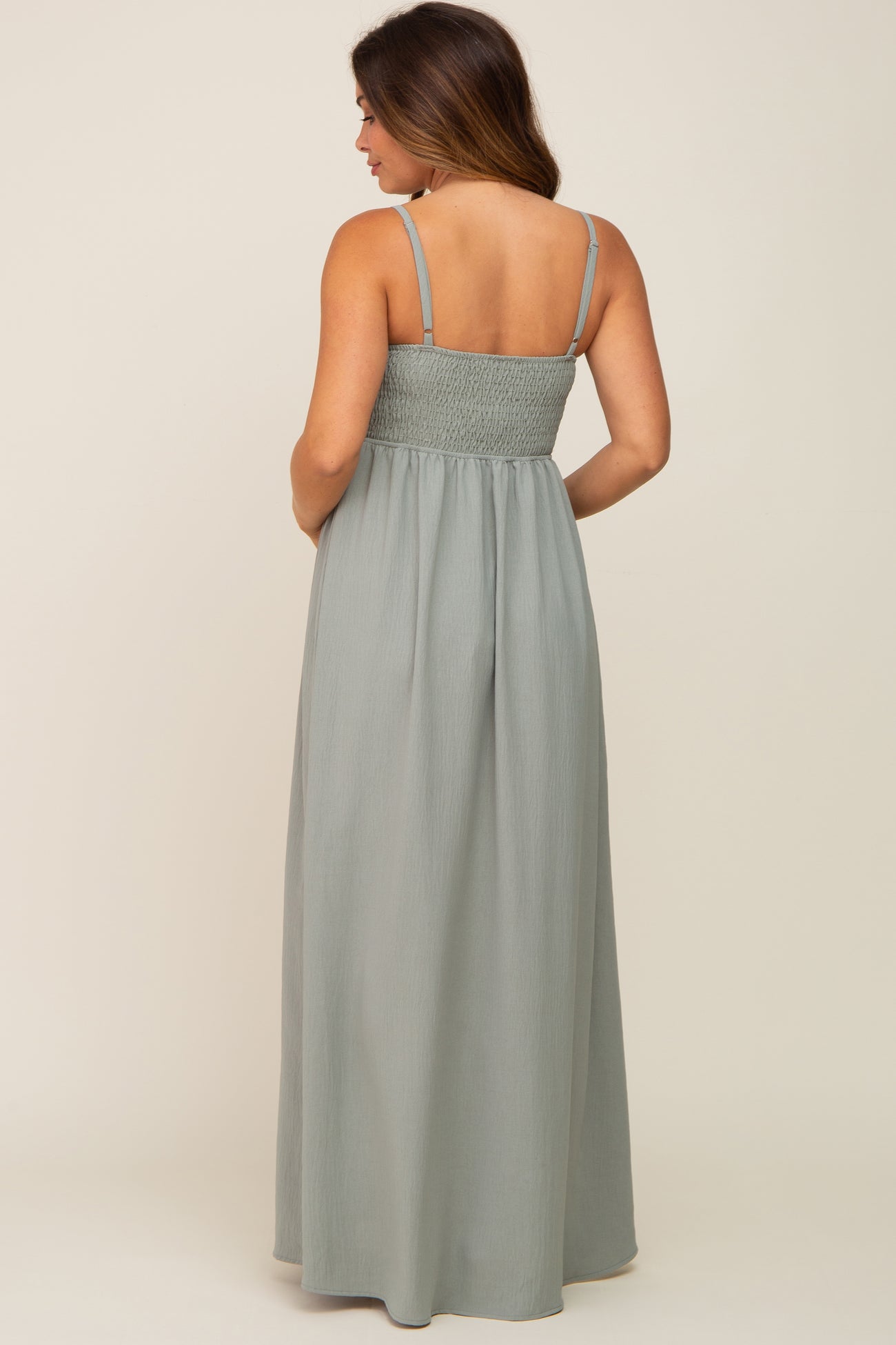 Light Olive Smocked Sleeveless Maternity Maxi Dress