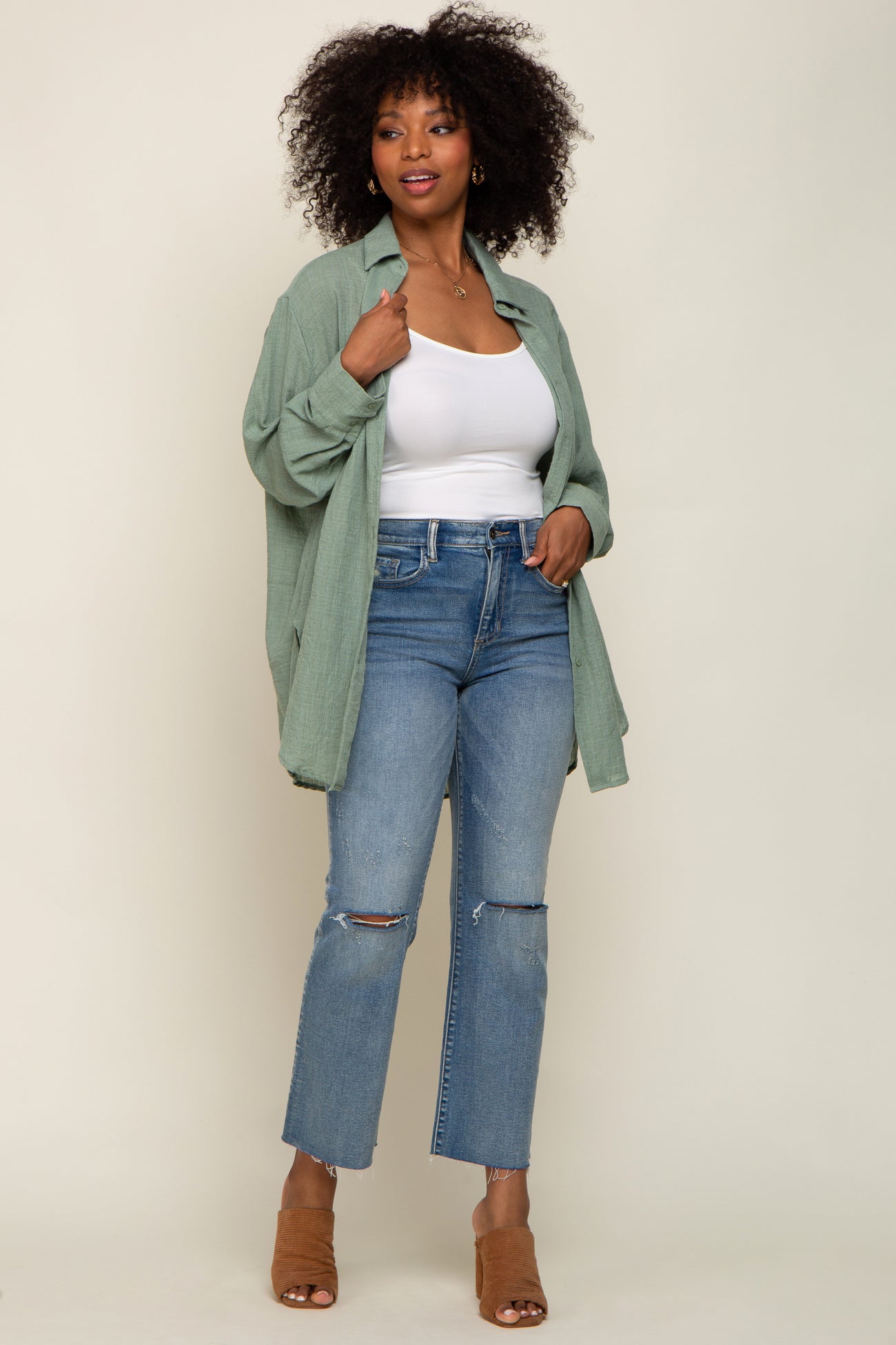 Green Lightweight Sheer Button Down Maternity Blouse