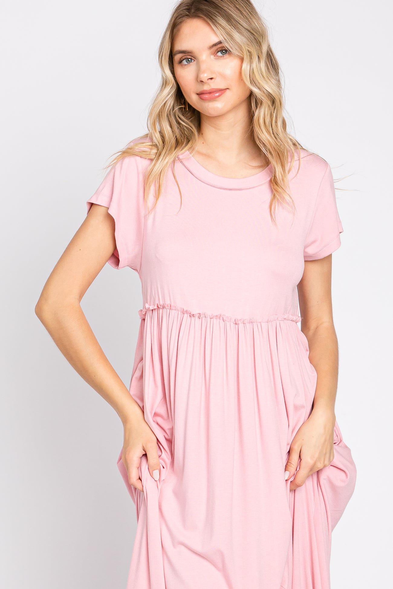 Light Pink Short Sleeve Pocketed Maxi Dress