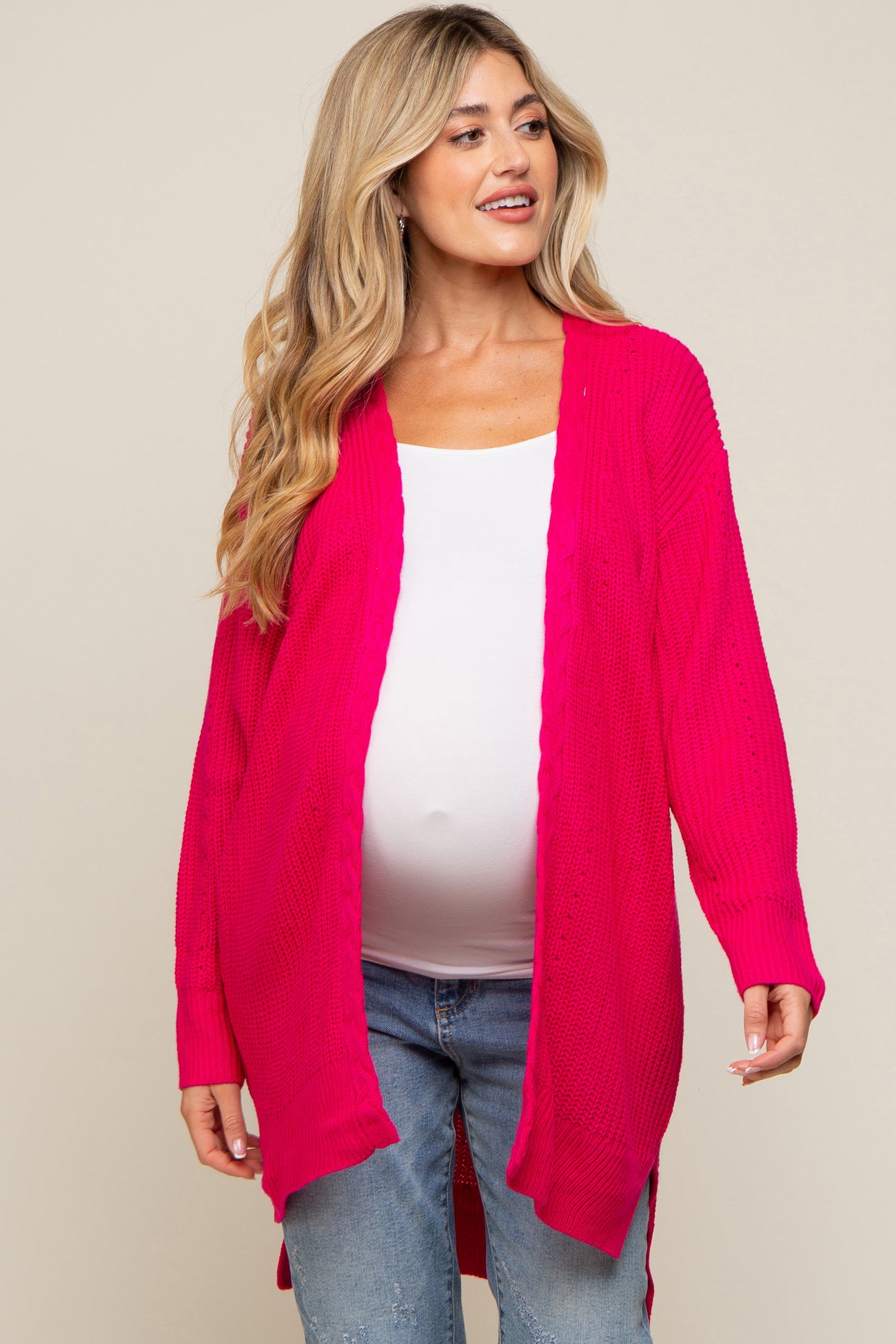 Fuchsia Cable Knit Accent Maternity Cardigan
