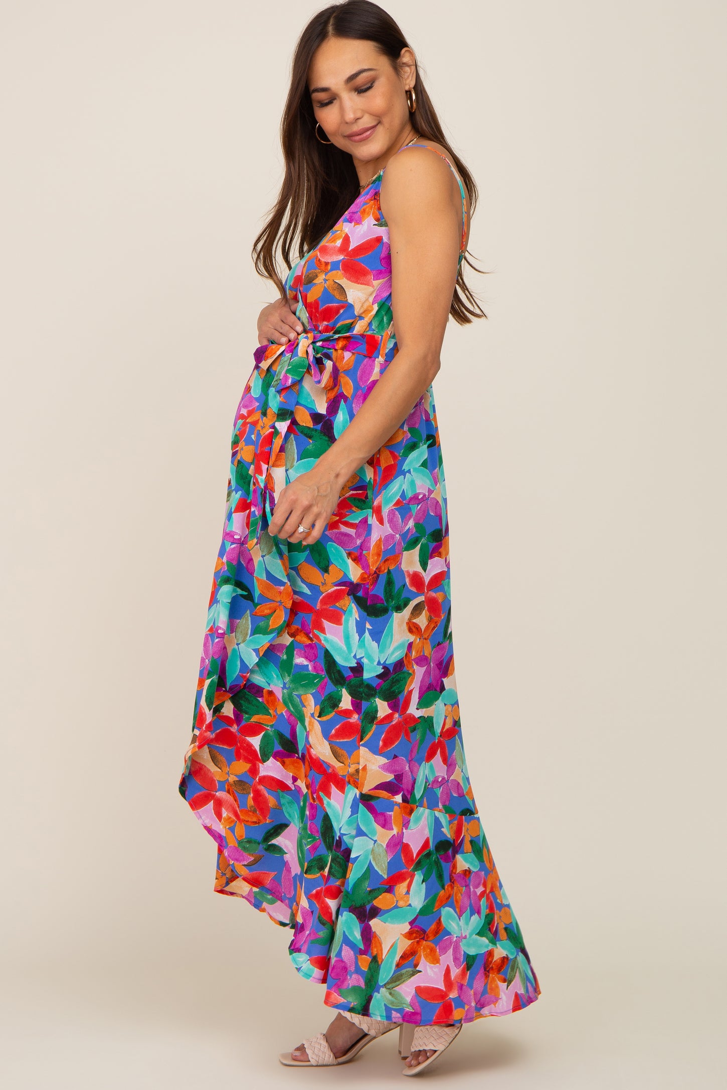 Royal Blue Floral Hi-Lo Maternity Wrap Maxi Dress
