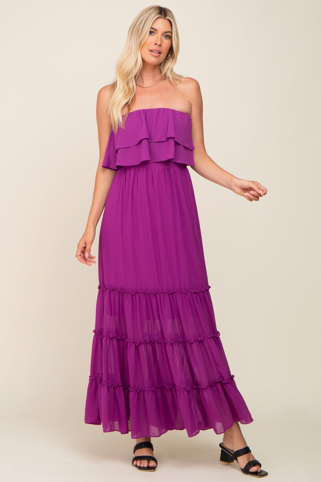 Purple Chiffon Strapless Ruffle Tiered Maternity Maxi Dress