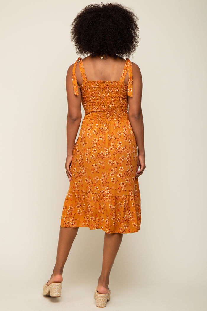 Camel Floral Shoulder Tie Smocked Midi Dress