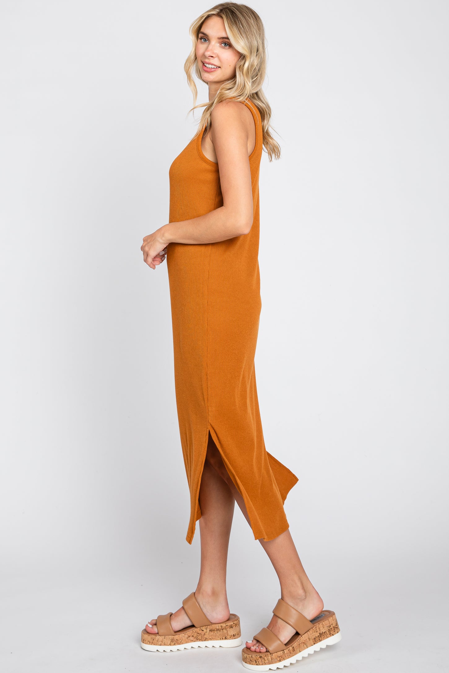 Camel Basic Ribbed Side Slit Midi Dress