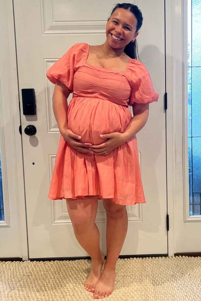 Salmon Square Neck Puff Short Sleeve Maternity Dress