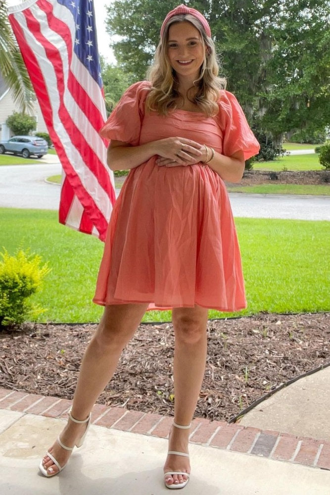 Salmon Square Neck Puff Short Sleeve Maternity Dress