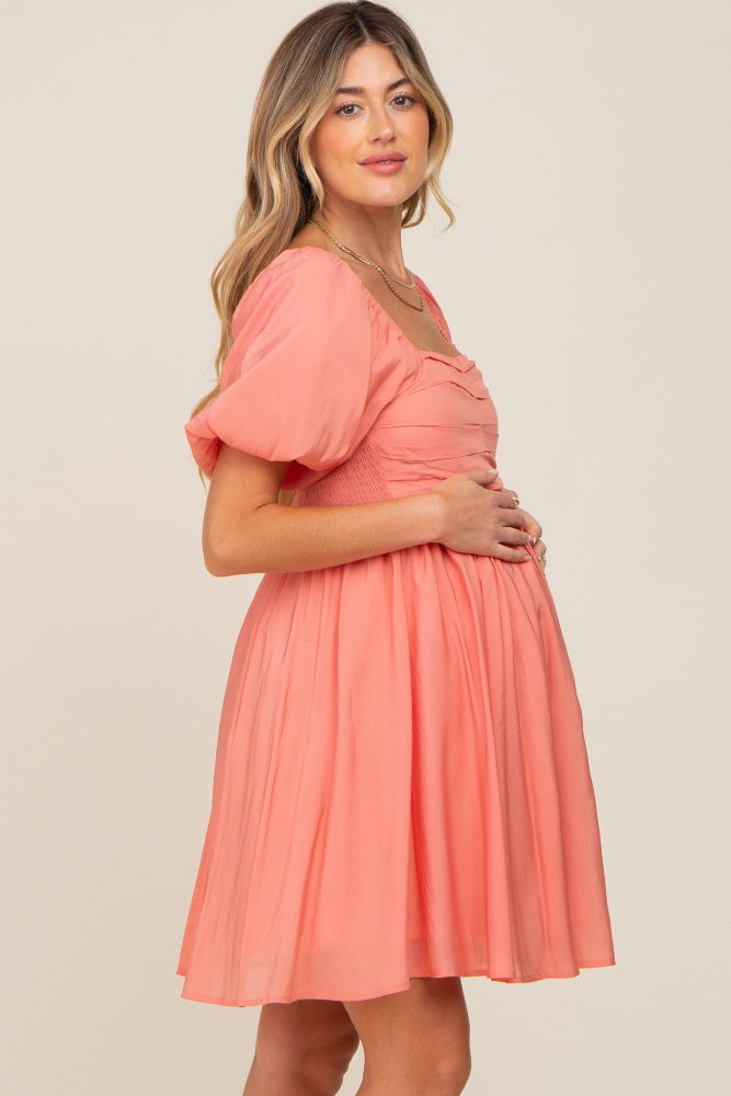 Salmon Square Neck Puff Short Sleeve Maternity Dress