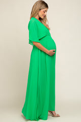 Green Chiffon V-Neck Smocked Waist Maternity Maxi Dress