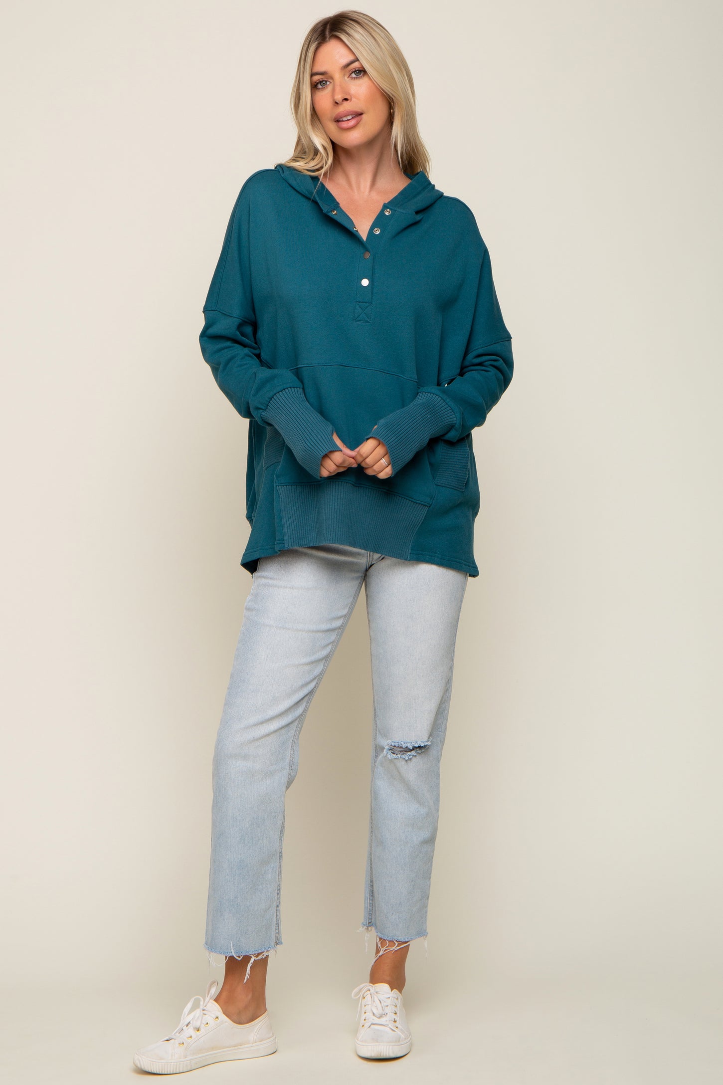 Teal Button Front Ribbed Trim Hooded Sweatshirt