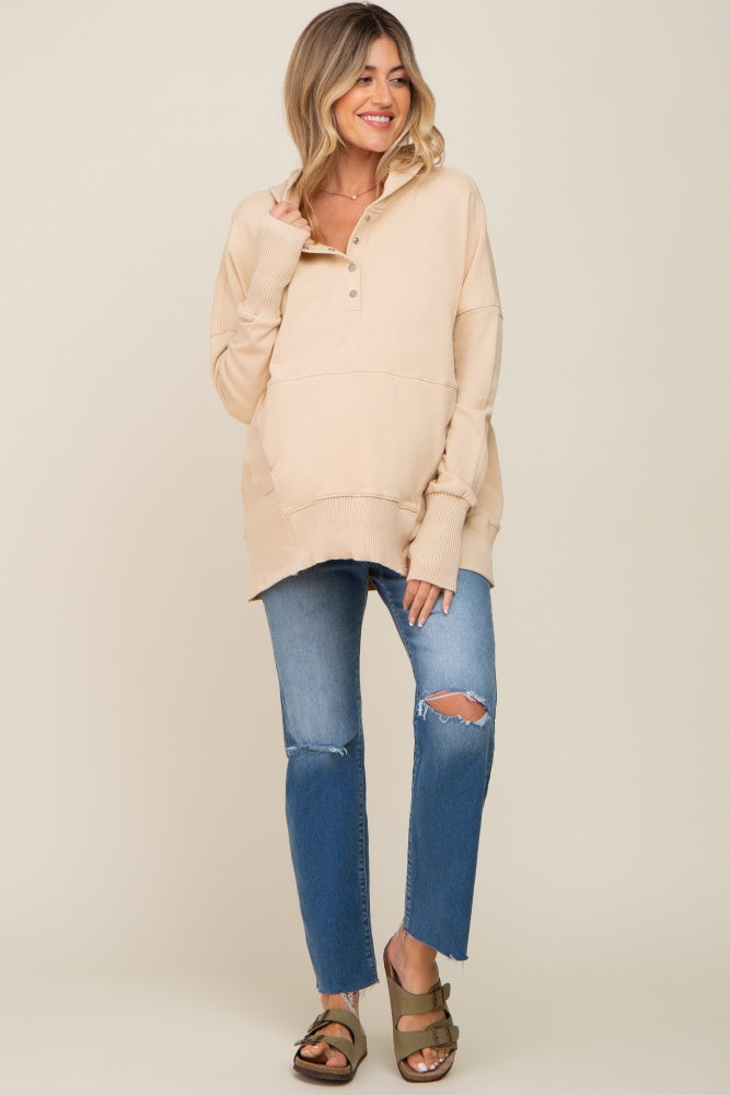 Cream Button Front Ribbed Trim Maternity Hooded Sweatshirt