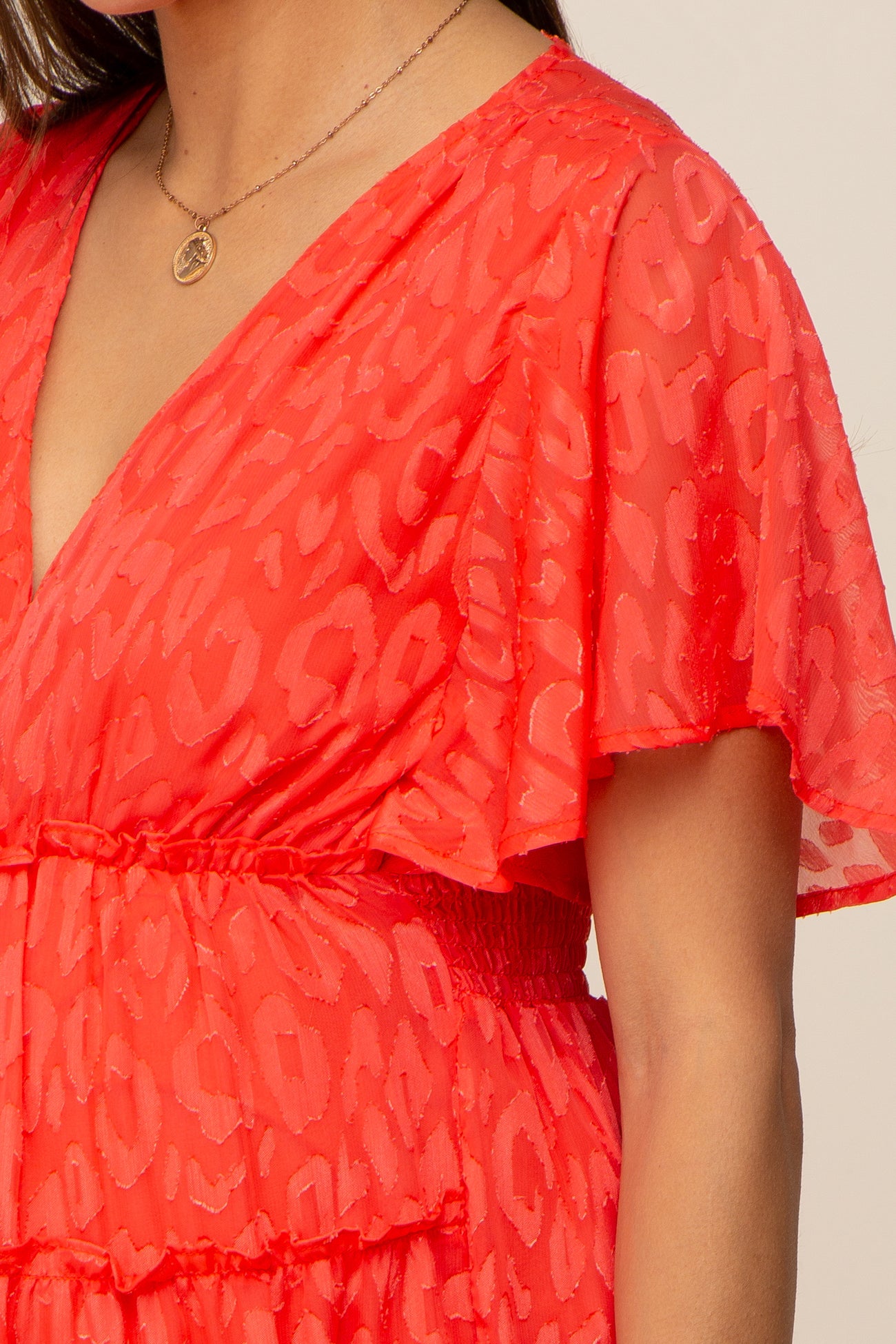Coral Chiffon Animal Print Tiered Maternity Midi Dress