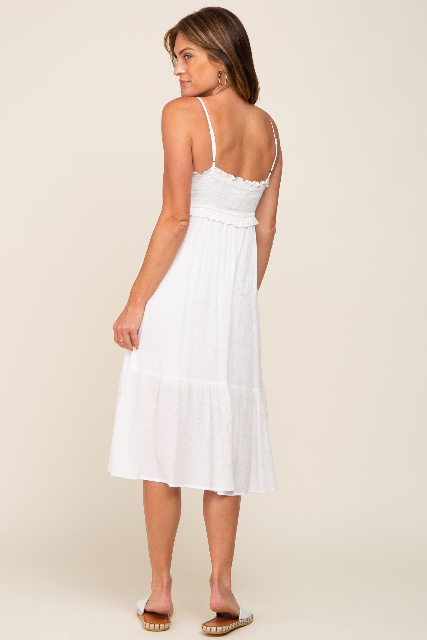 Ivory Smocked Ruffle Accent Midi Dress