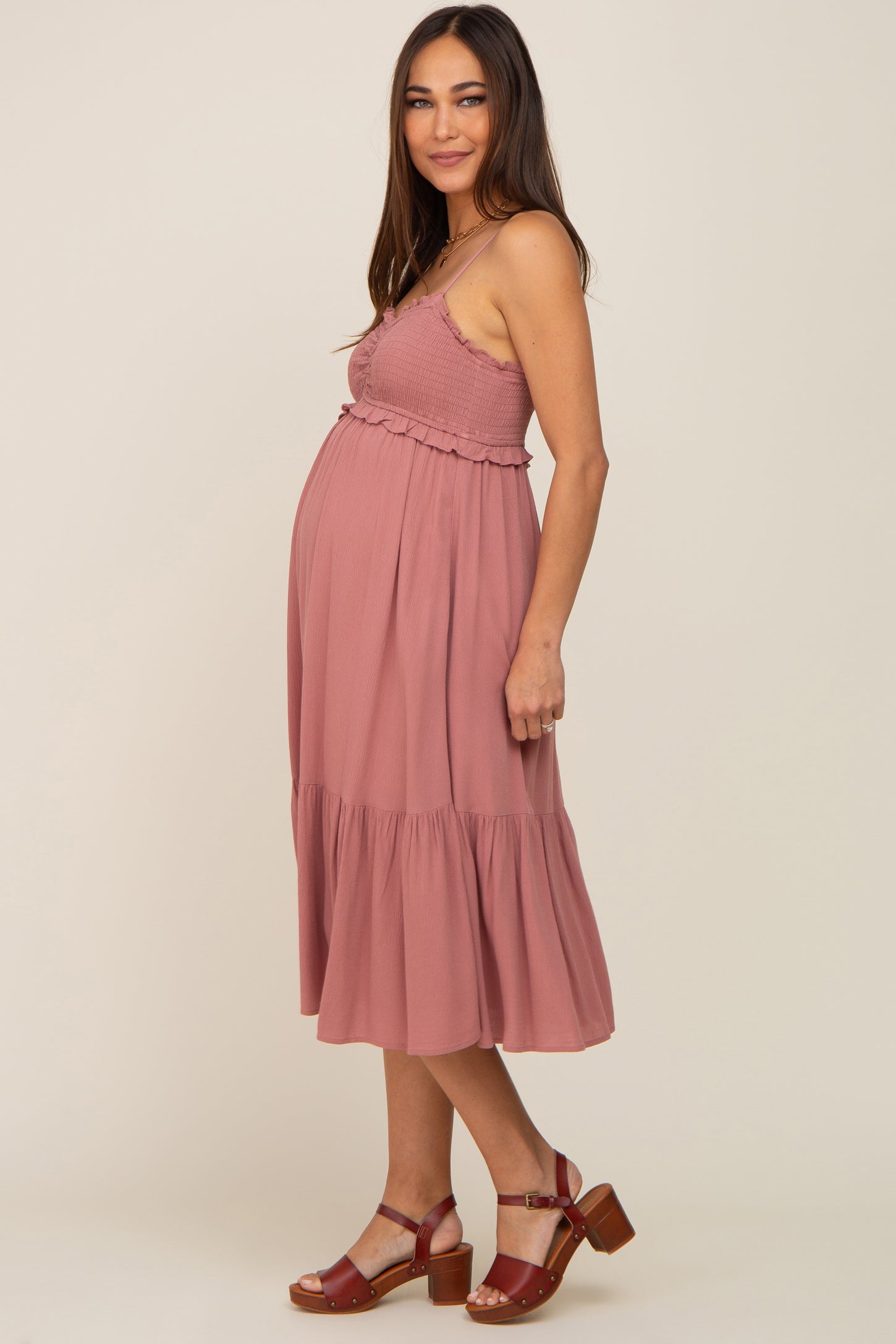 Mauve Smocked Ruffle Accent Maternity Midi Dress