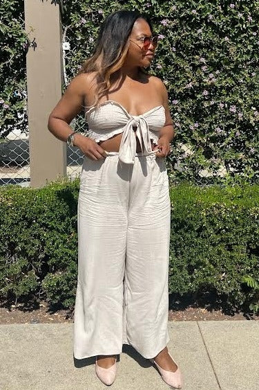 Beige Front Tie Crop Top and Pant Set